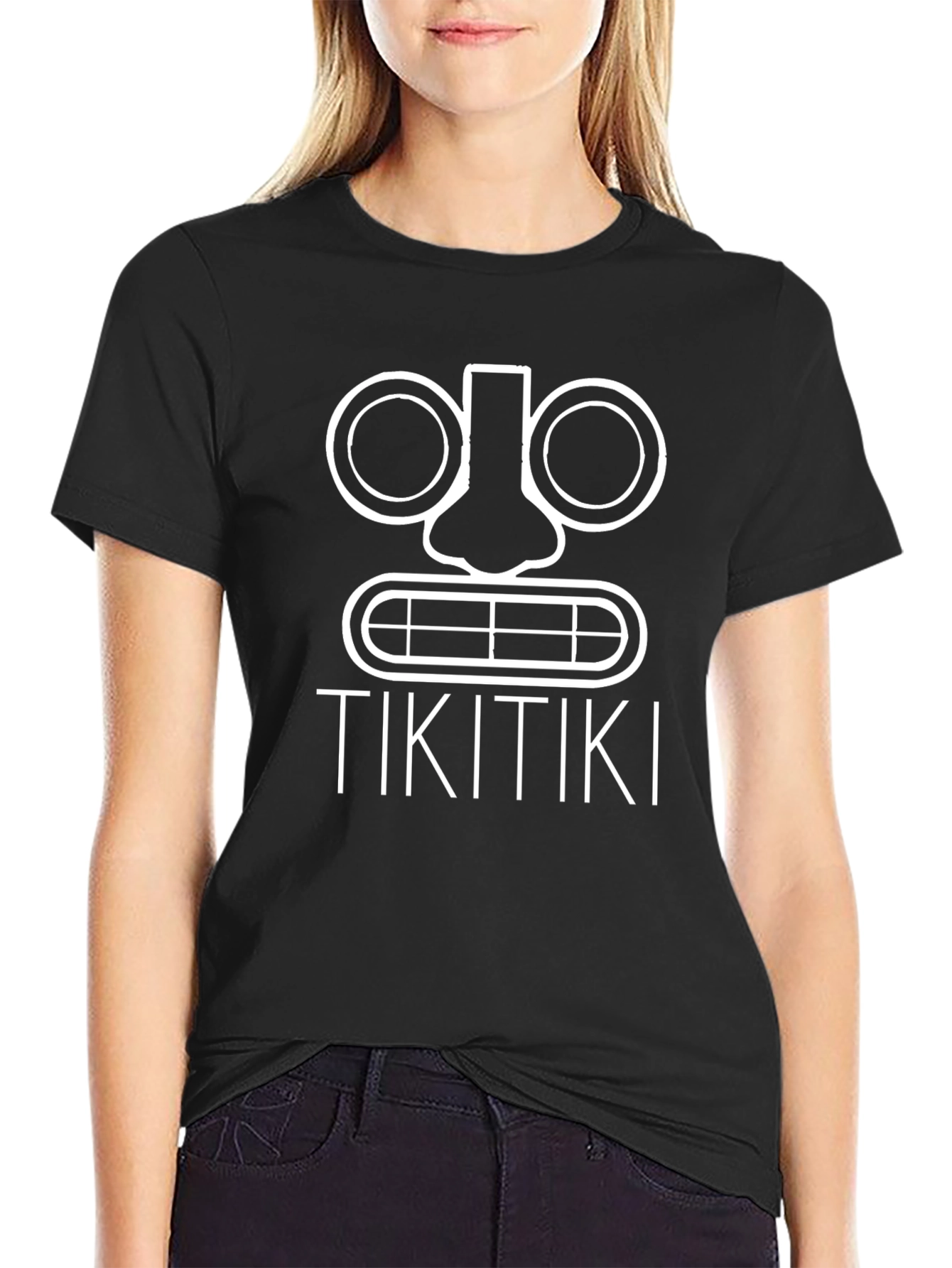 Tiki Face Graphic Print Black T-Shirt