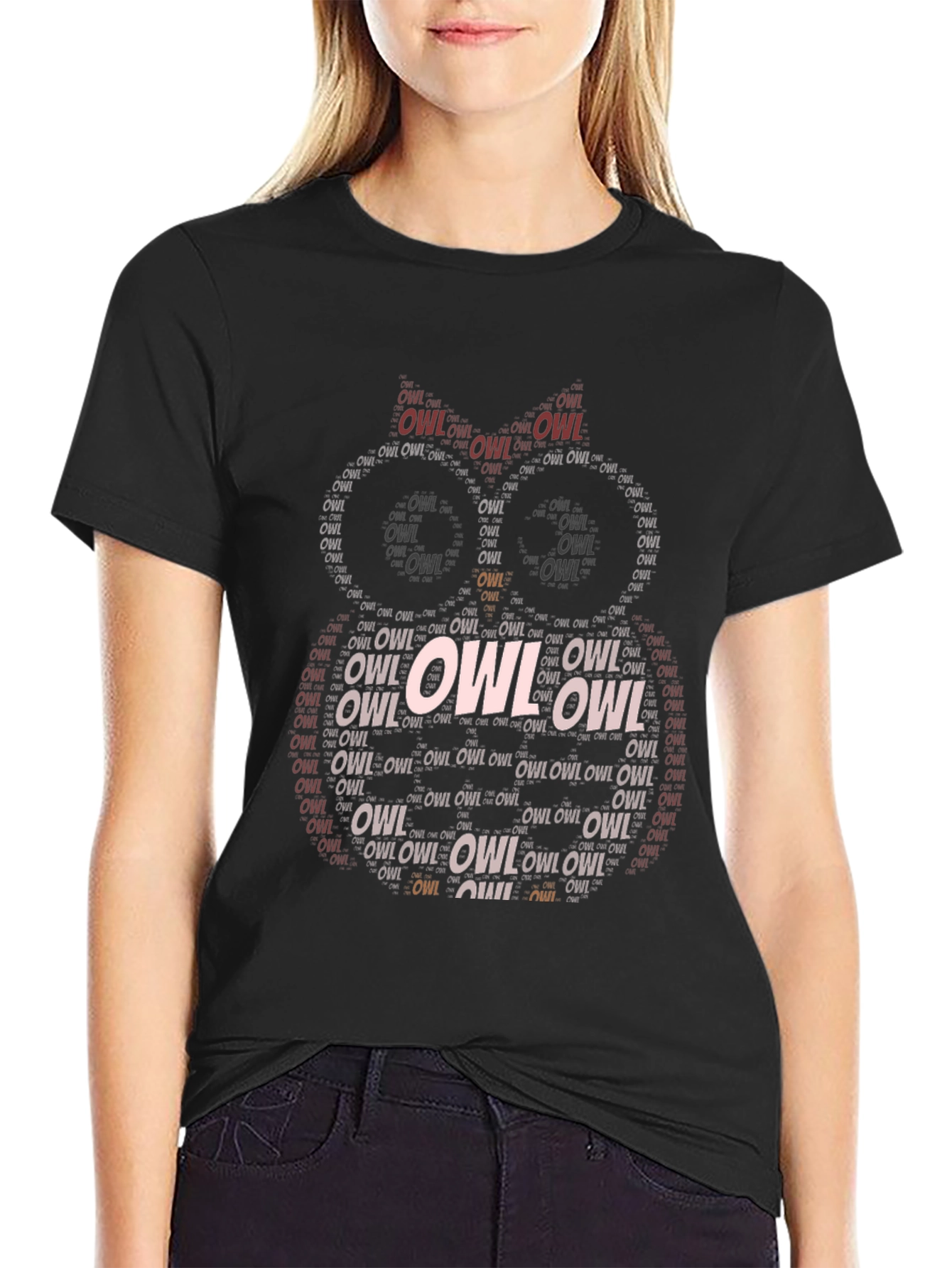 Word Art Owl T-Shirt - Black Cotton Tee