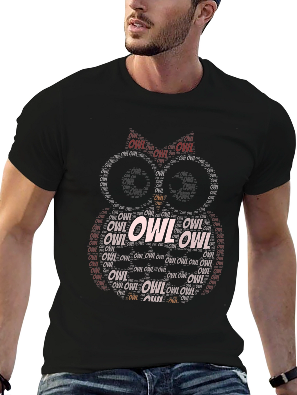 Word Art Owl T-Shirt - Black Cotton Tee