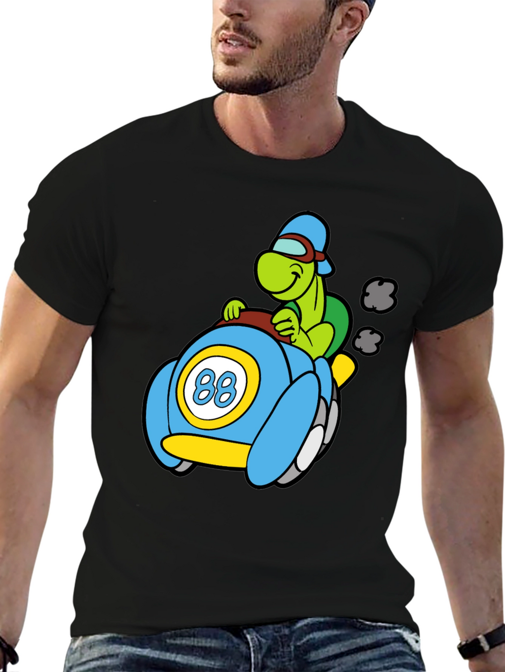 Cartoon Turtle Racer Black T-Shirt