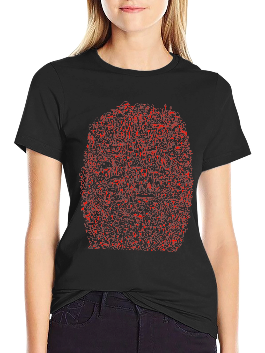 Unique Red Abstract Print Black Crewneck T-Shirt