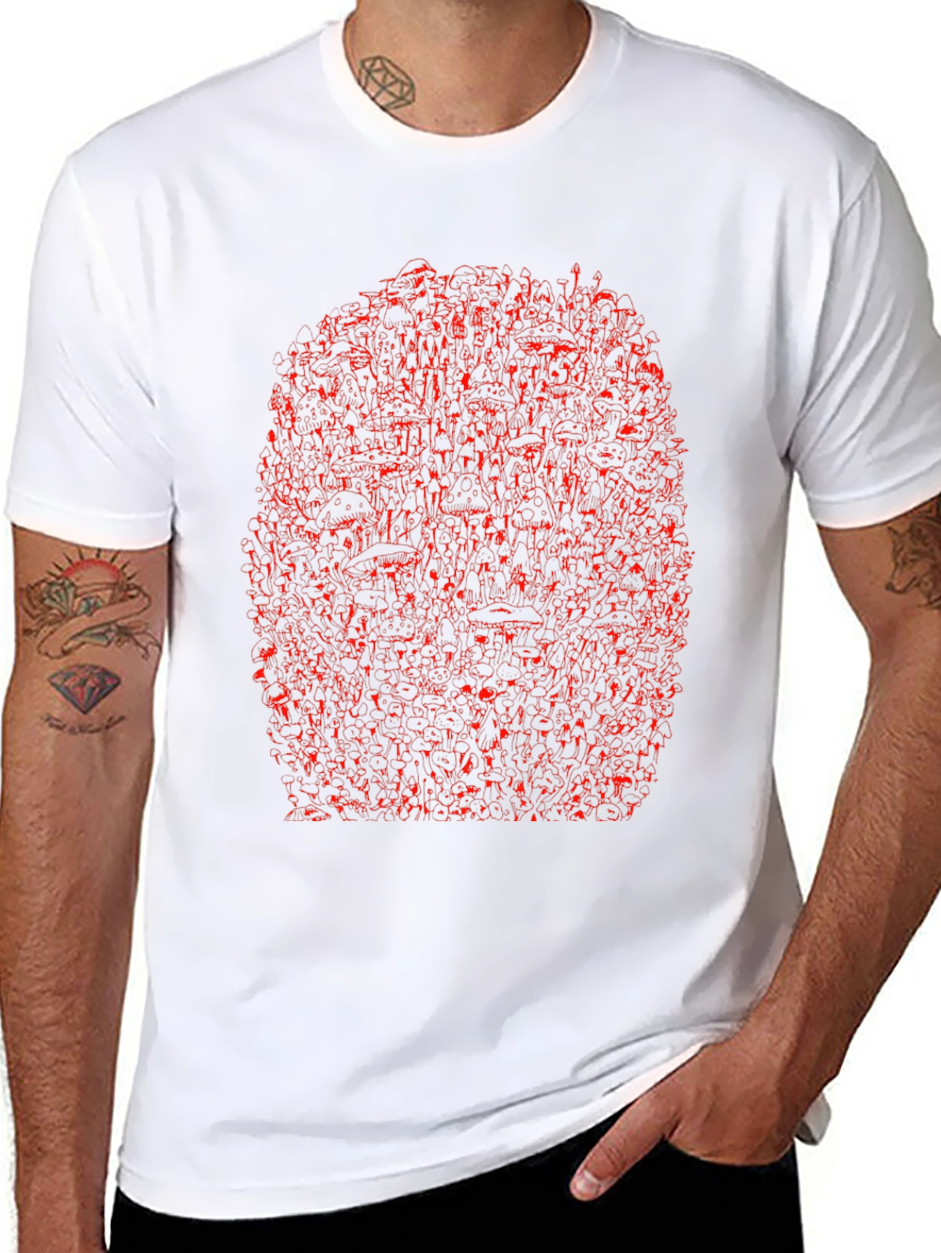 Unique Red Abstract Print Black Crewneck T-Shirt
