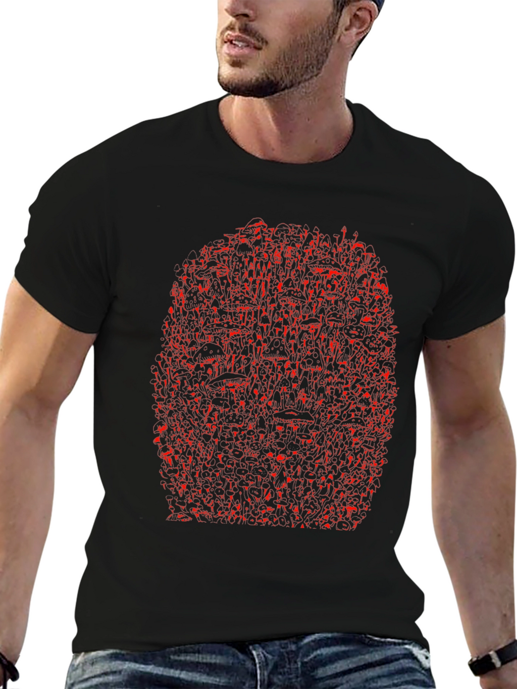 Unique Red Abstract Print Black Crewneck T-Shirt