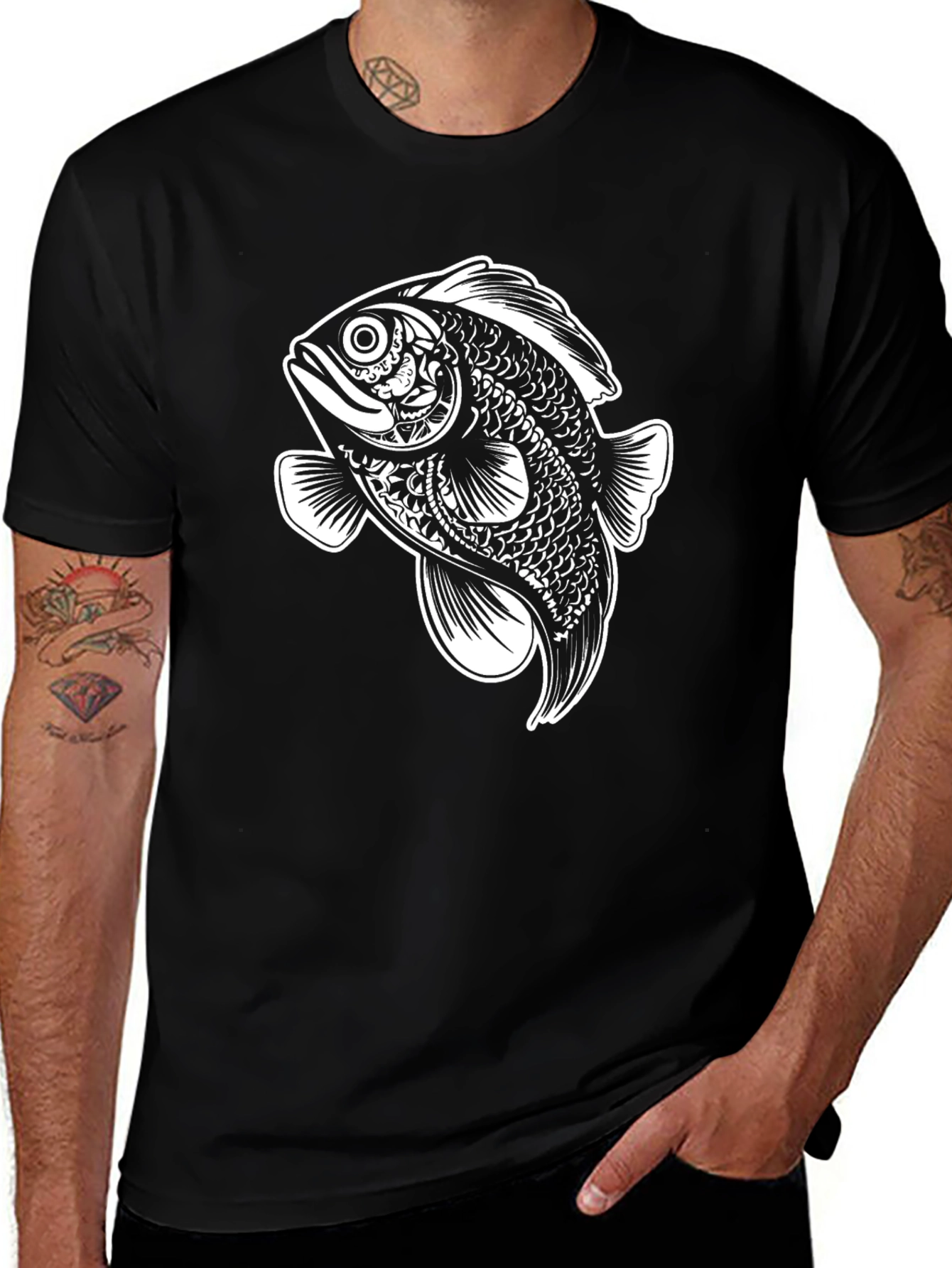 Black T-Shirt with Artistic Fish Graphic