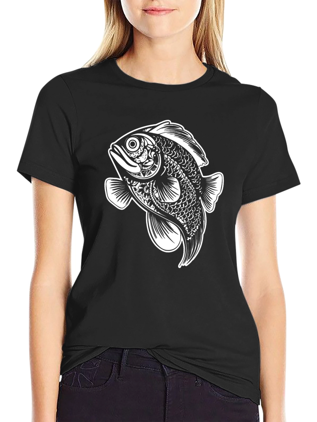 Black T-Shirt with Artistic Fish Graphic