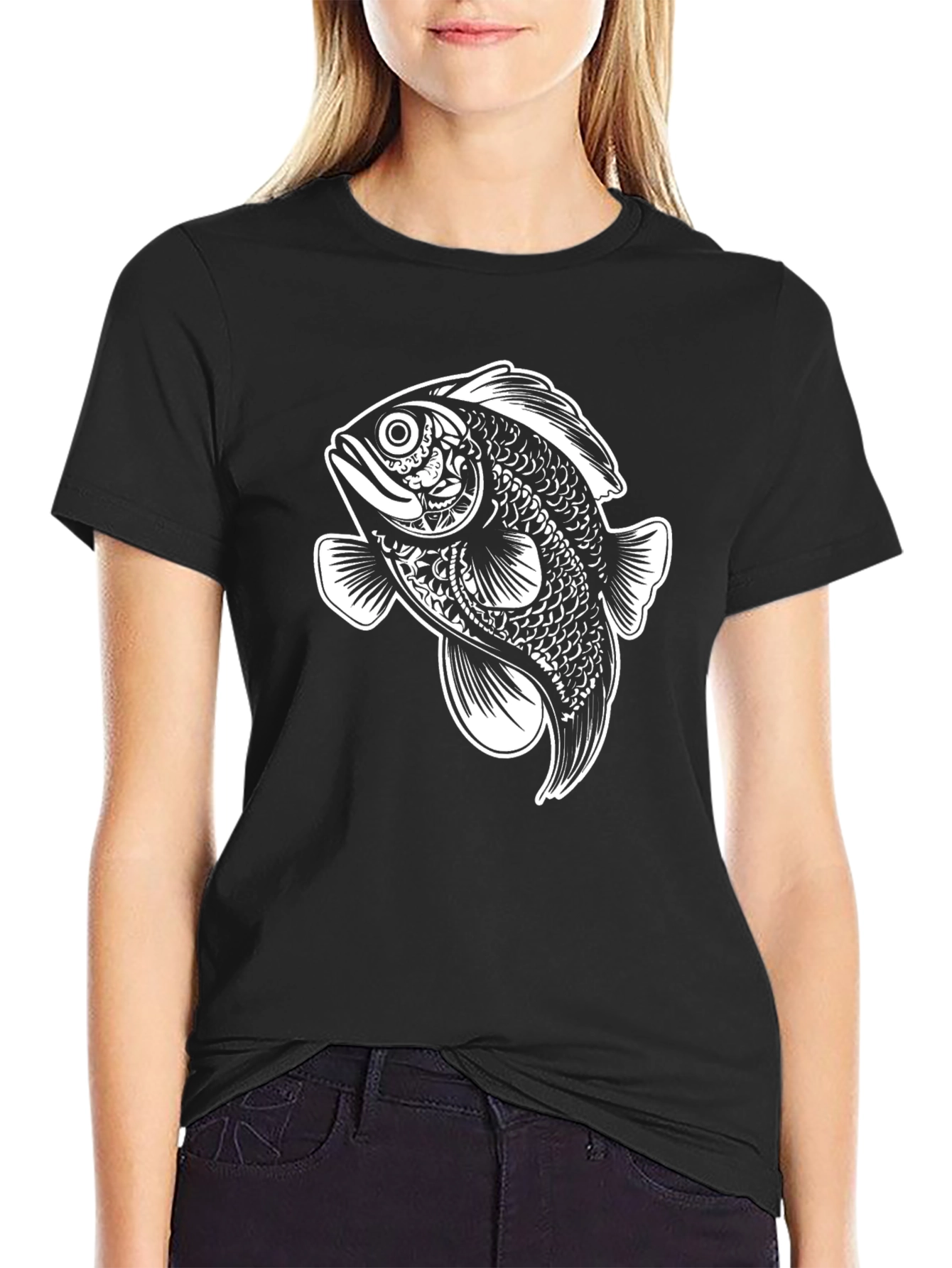 Black T-Shirt with Artistic Fish Graphic