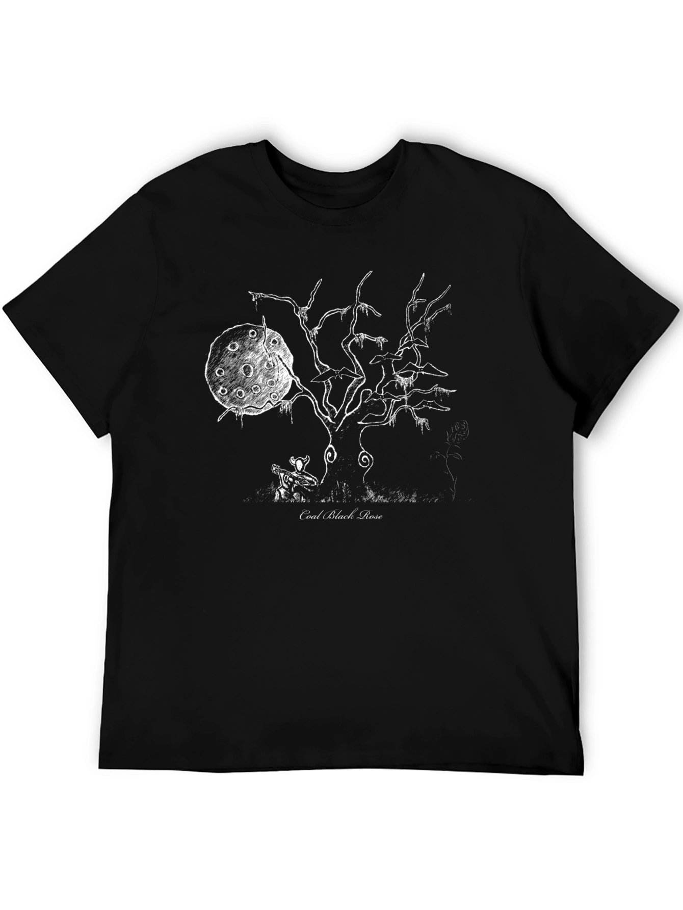 Coal Black Rose Graphic Tee - Ethereal Tree Design