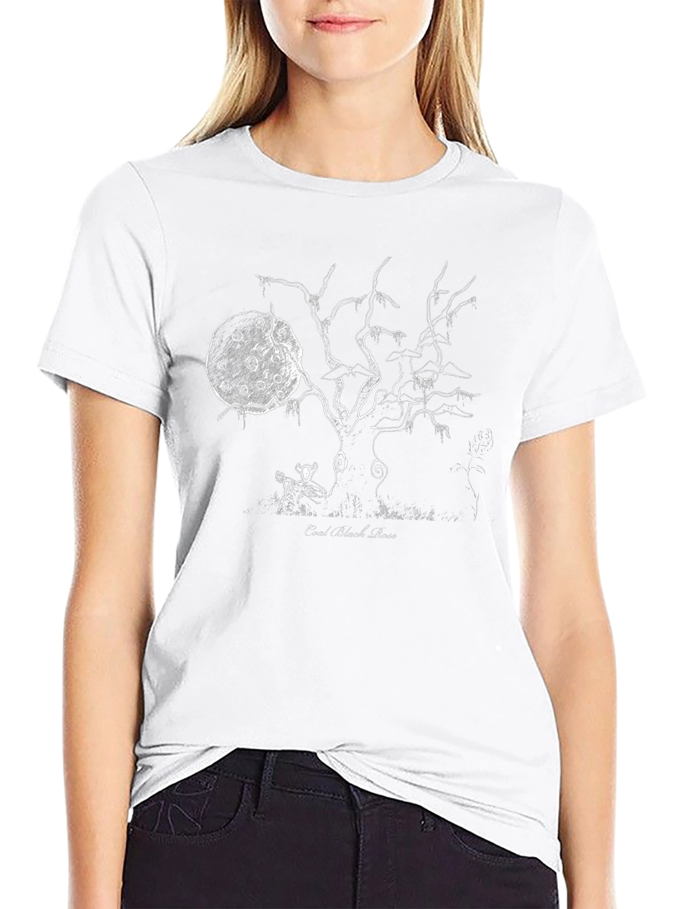 Coal Black Rose Graphic Tee - Ethereal Tree Design