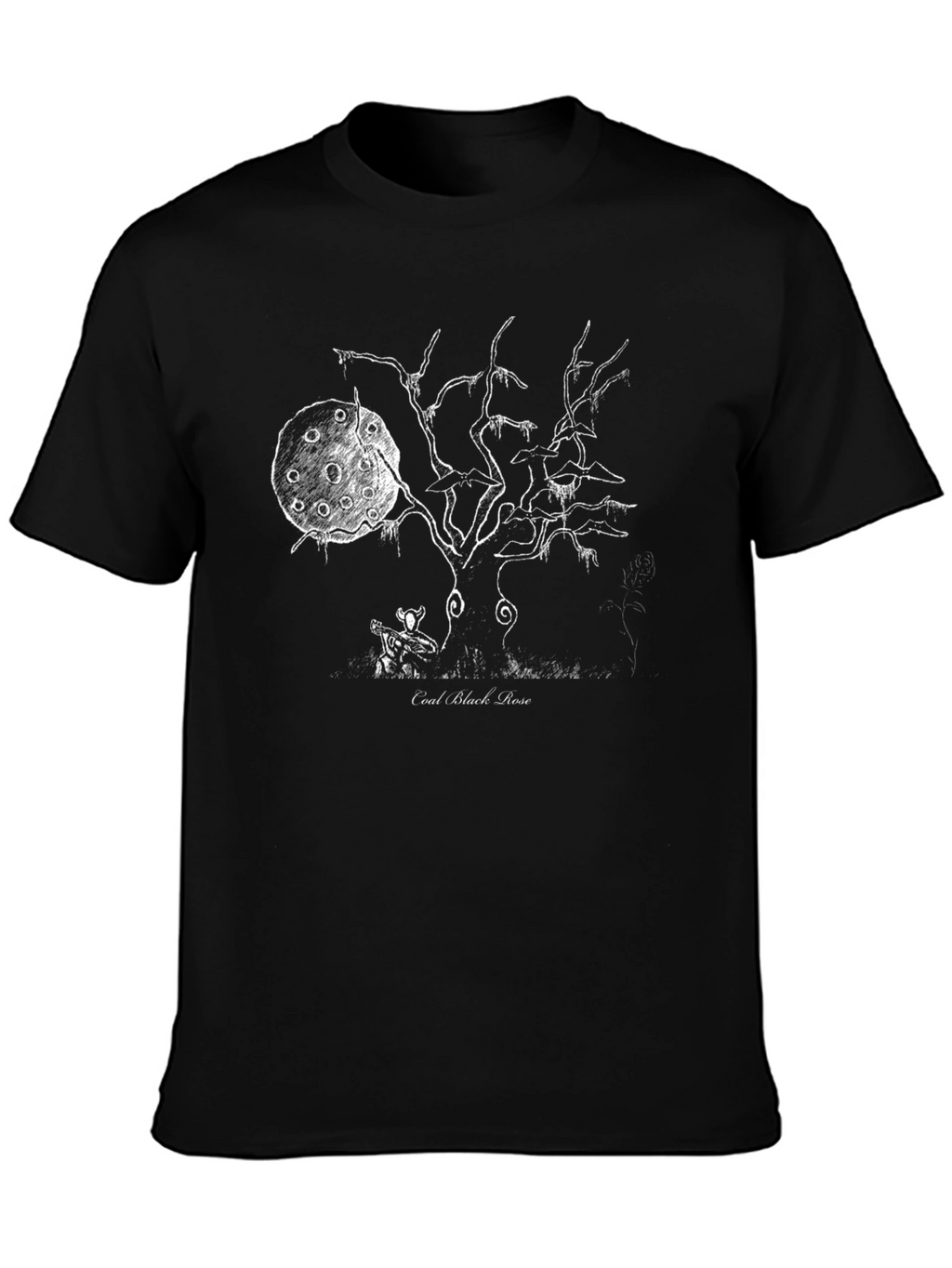 Coal Black Rose Graphic Tee - Ethereal Tree Design