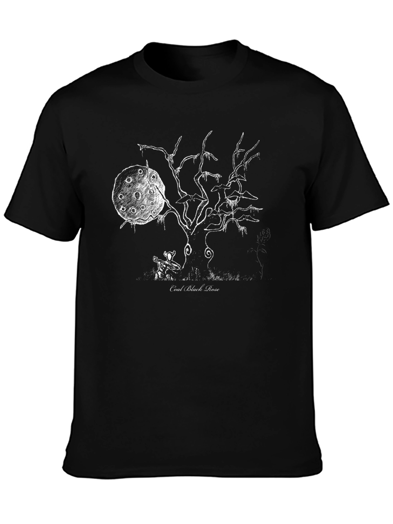 Coal Black Rose Graphic Tee - Ethereal Tree Design