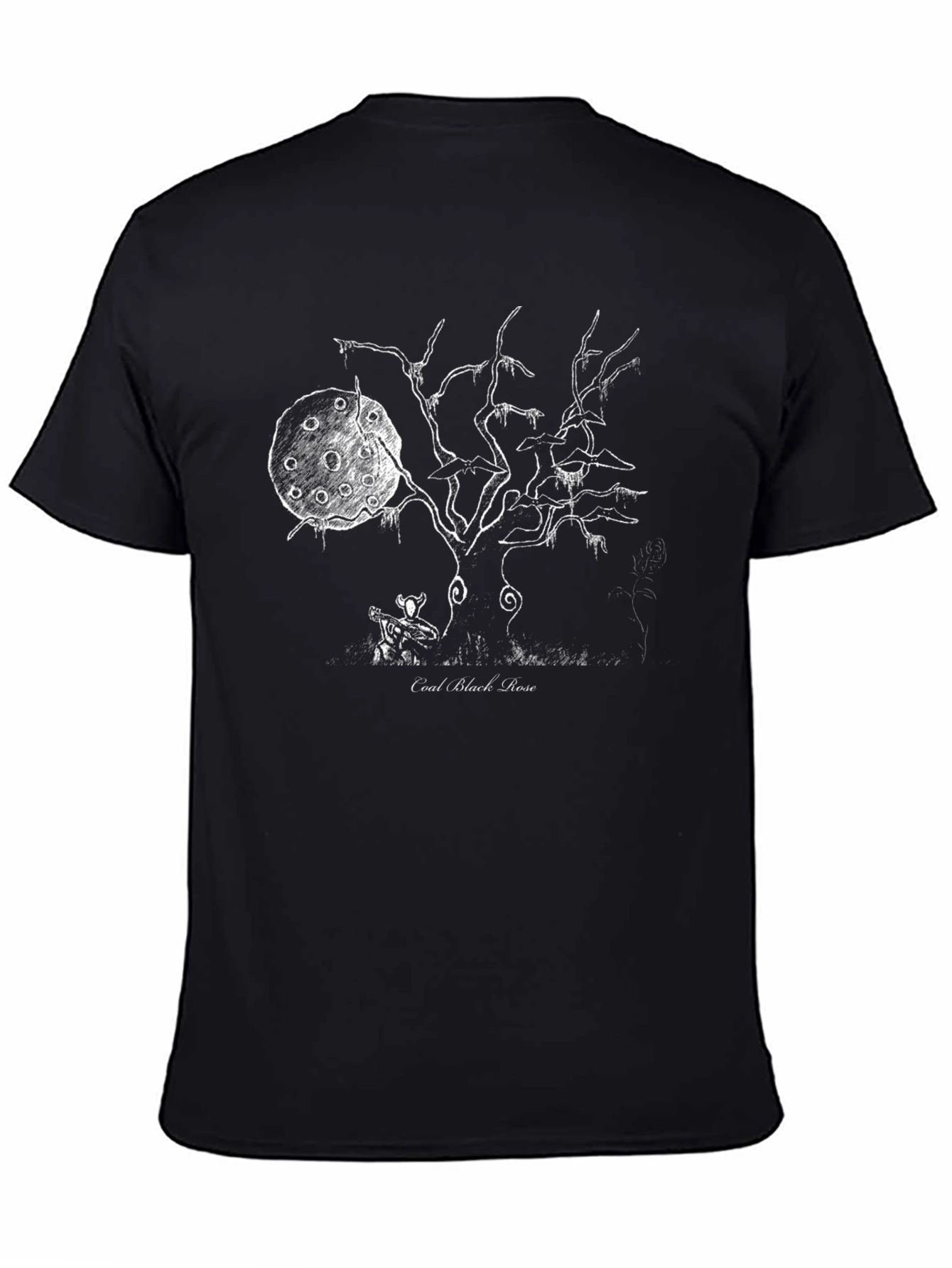 Coal Black Rose Graphic Tee - Ethereal Tree Design