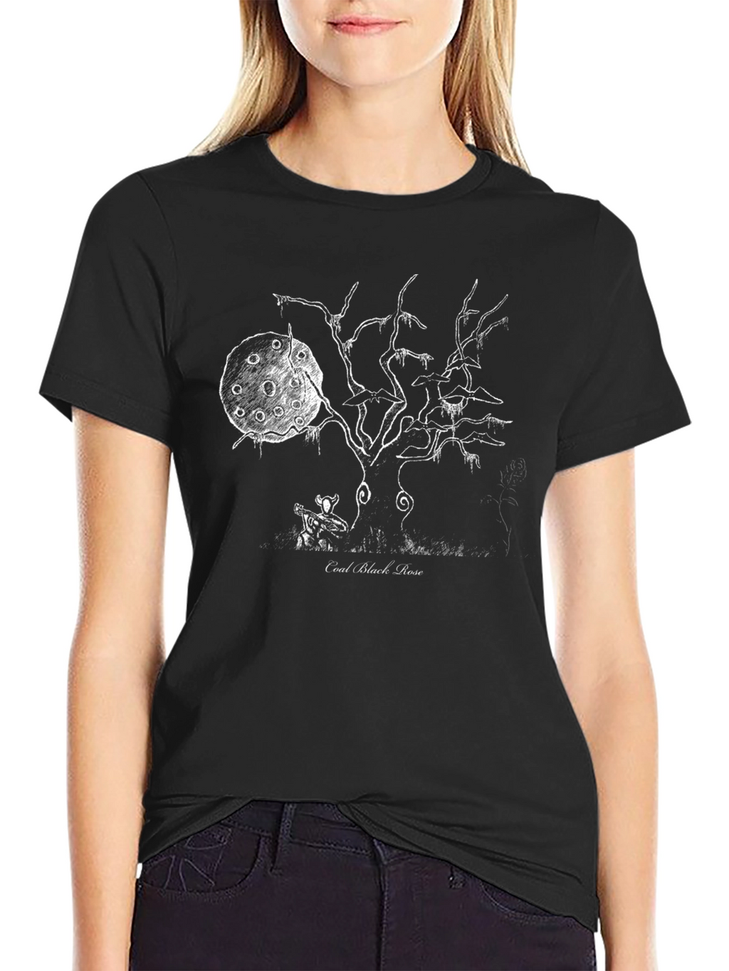 Coal Black Rose Graphic Tee - Ethereal Tree Design