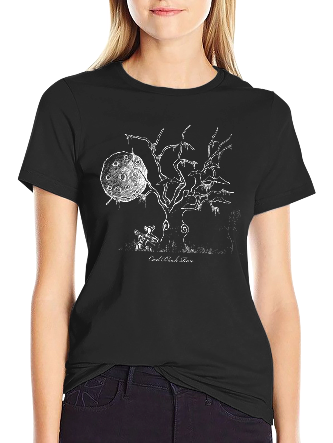Coal Black Rose Graphic Tee - Ethereal Tree Design