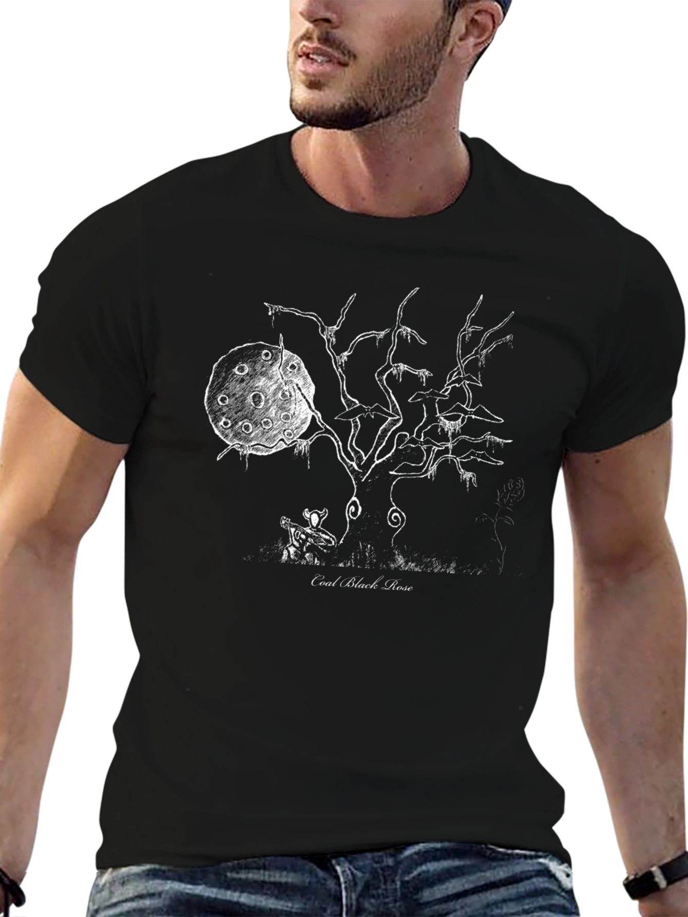 Coal Black Rose Graphic Tee - Ethereal Tree Design