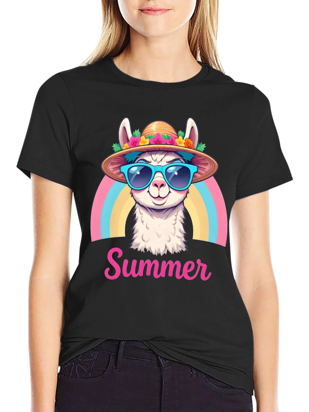 Summer Llama T-Shirt Rainbow Hat Sunglasses