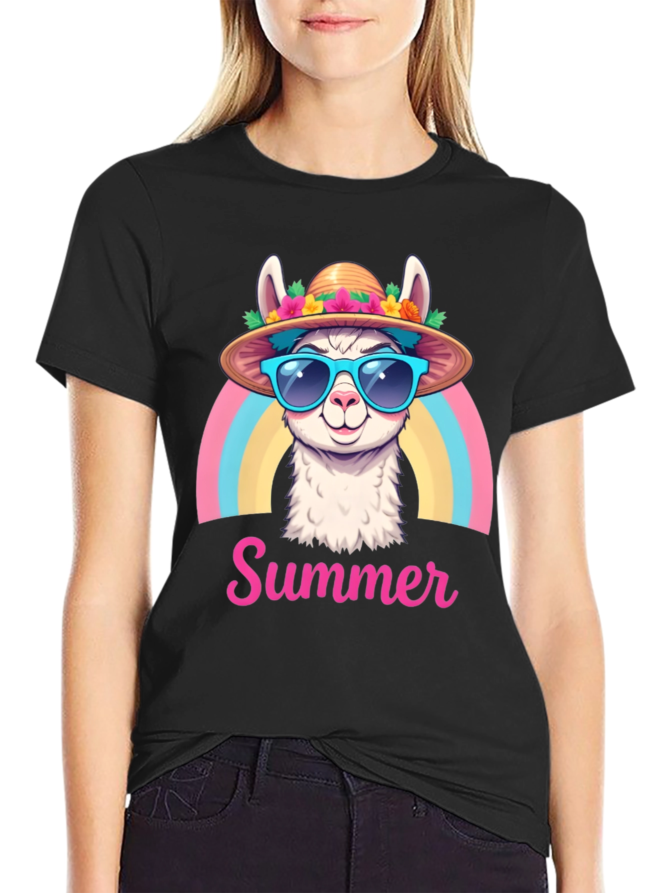 Summer Llama T-Shirt Rainbow Hat Sunglasses