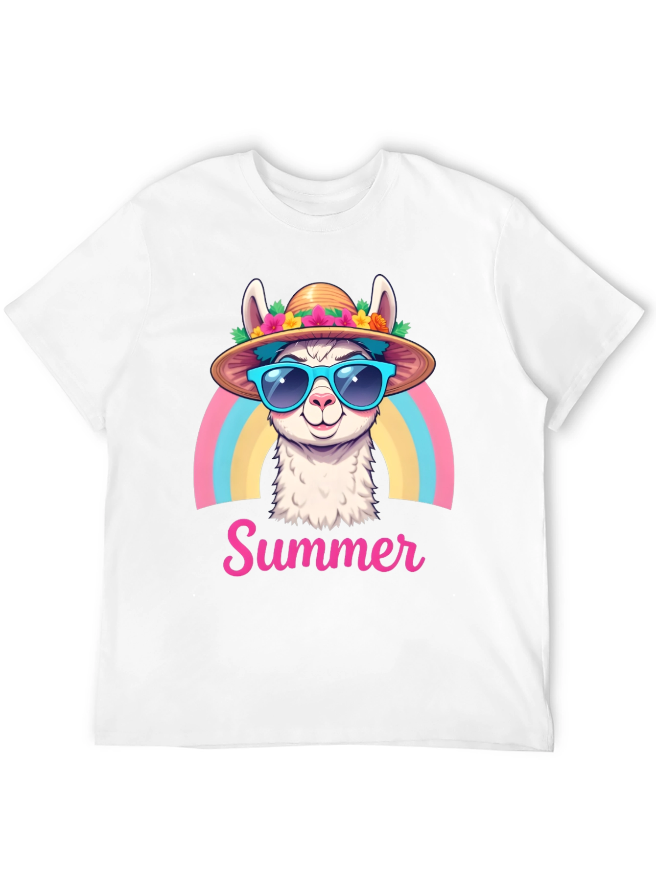 Summer Llama T-Shirt Rainbow Hat Sunglasses