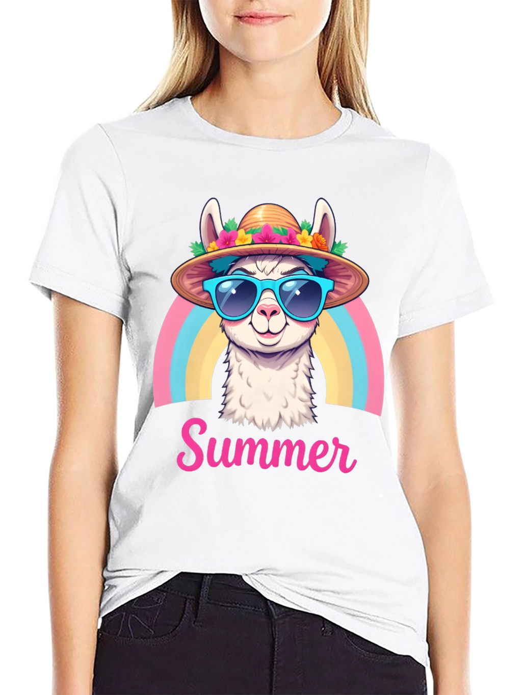 Summer Llama T-Shirt Rainbow Hat Sunglasses