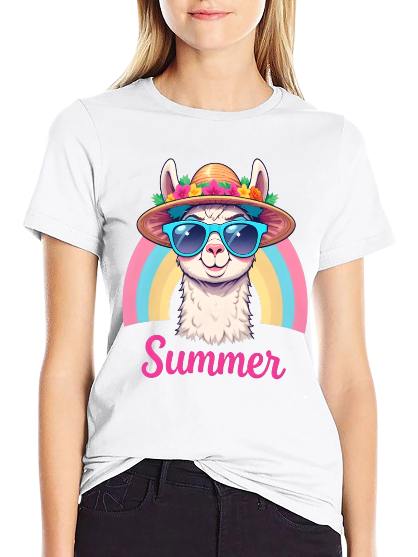 Summer Llama T-Shirt Rainbow Hat Sunglasses