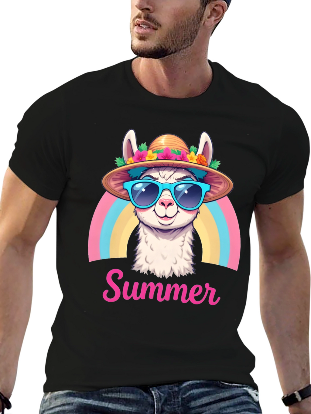 Summer Llama T-Shirt Rainbow Hat Sunglasses