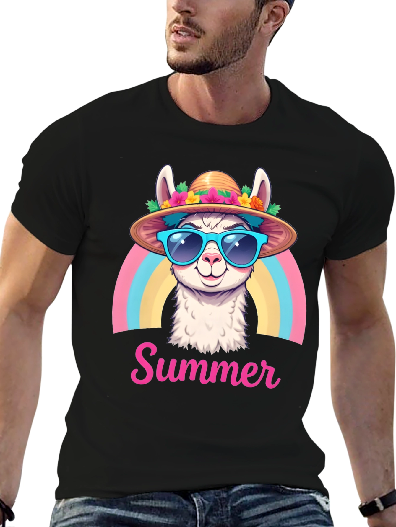 Summer Llama T-Shirt Rainbow Hat Sunglasses