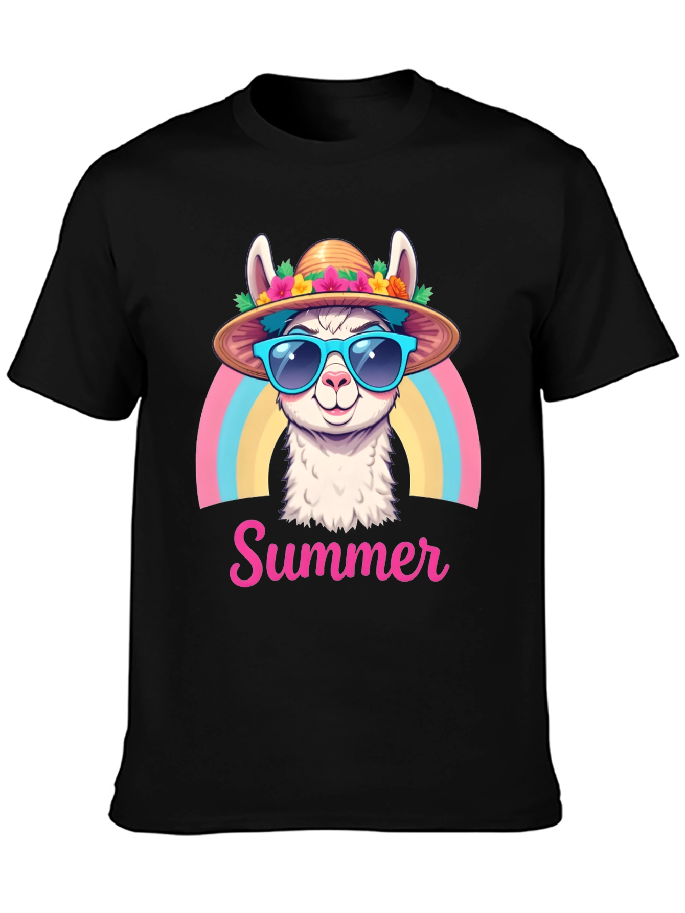 Summer Llama T-Shirt Rainbow Hat Sunglasses