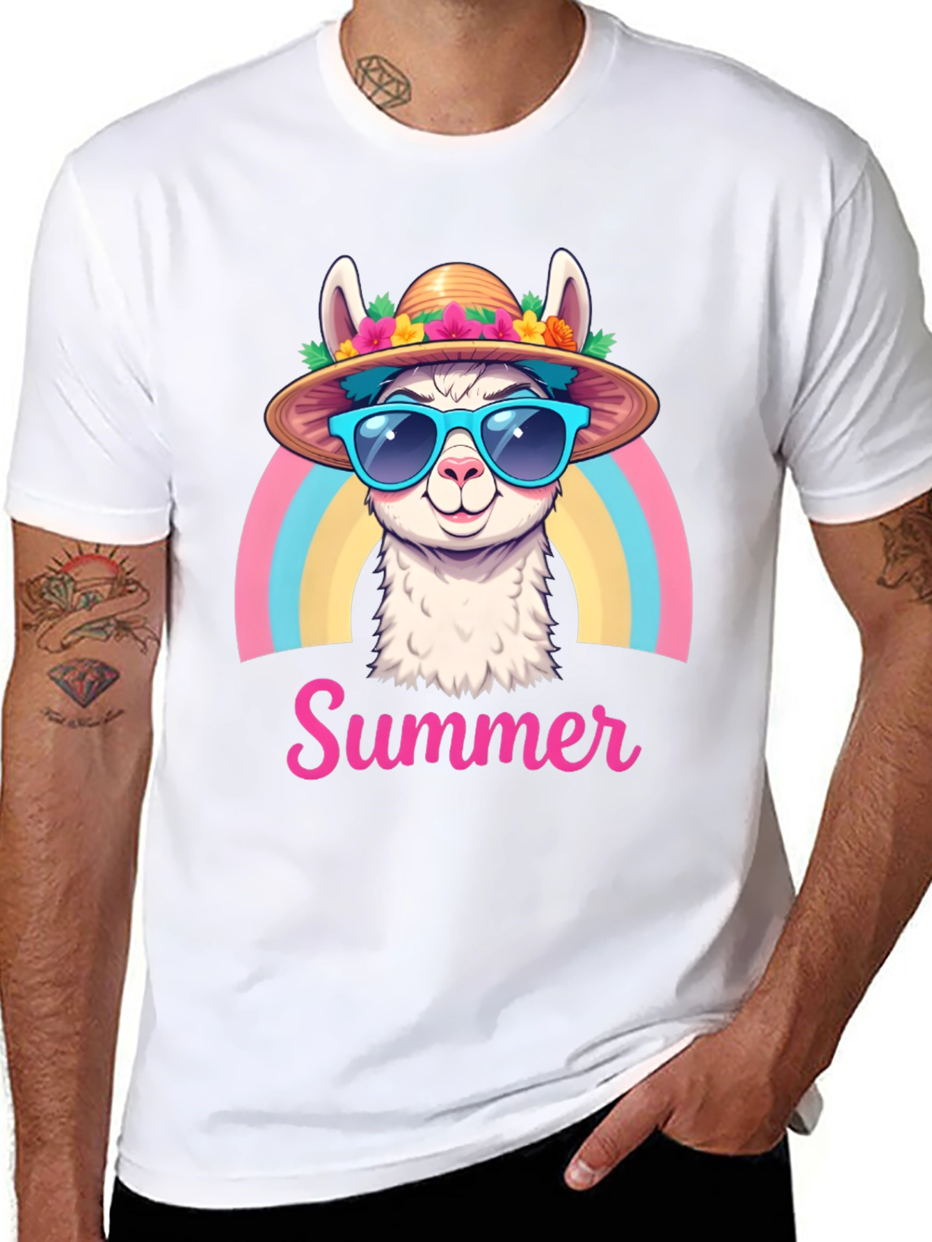 Summer Llama T-Shirt Rainbow Hat Sunglasses