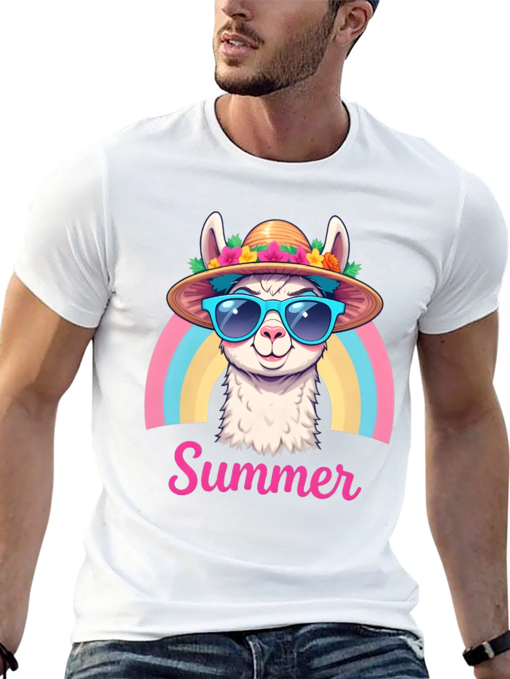Summer Llama T-Shirt Rainbow Hat Sunglasses