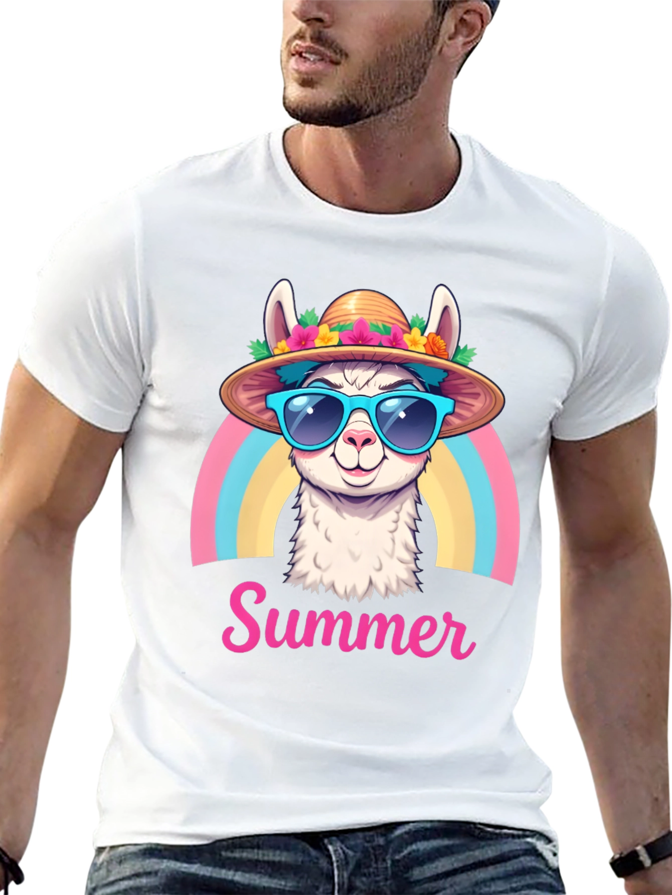 Summer Llama T-Shirt Rainbow Hat Sunglasses