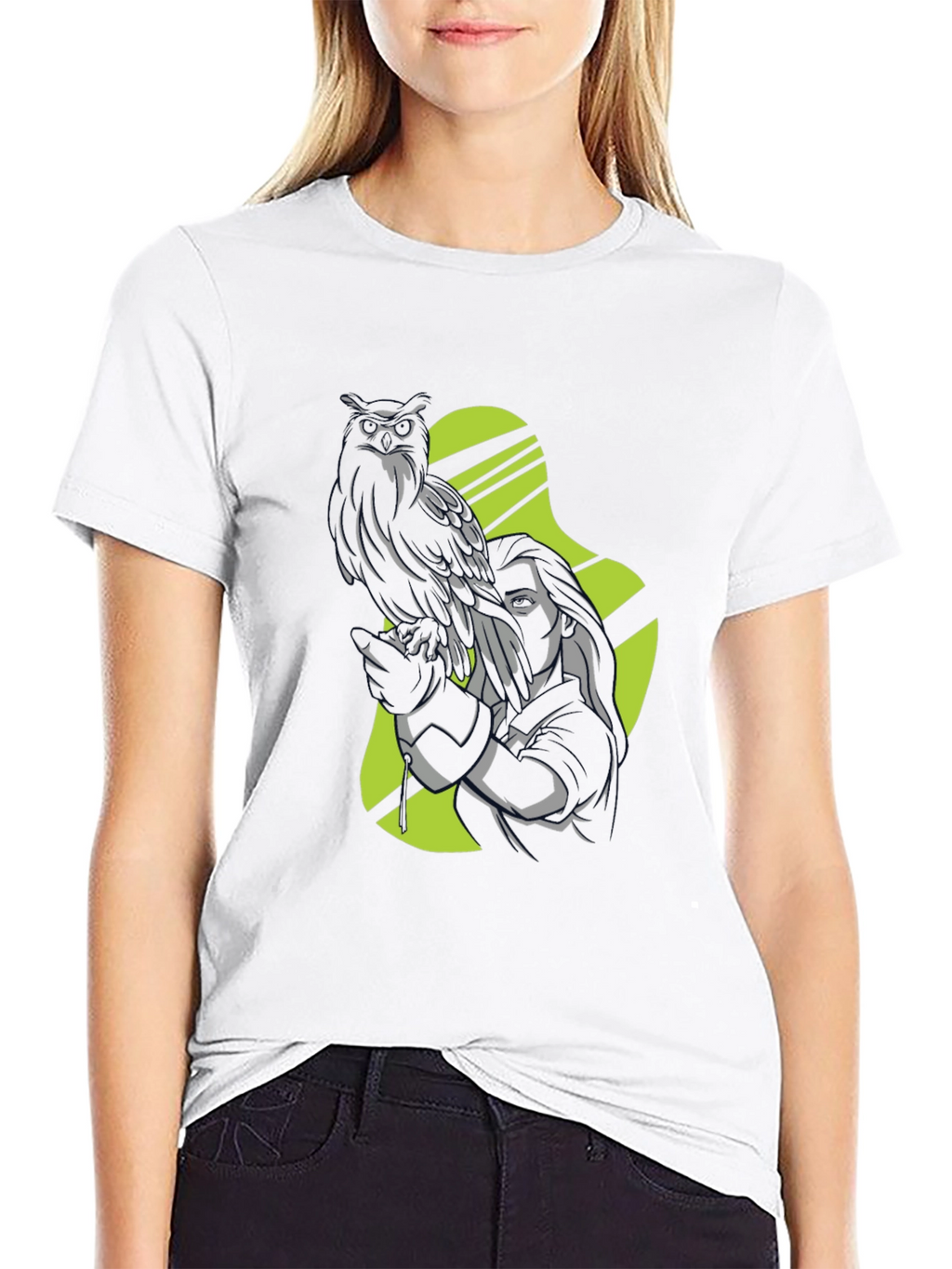 Owl and Woman Graphic Black T-Shirt