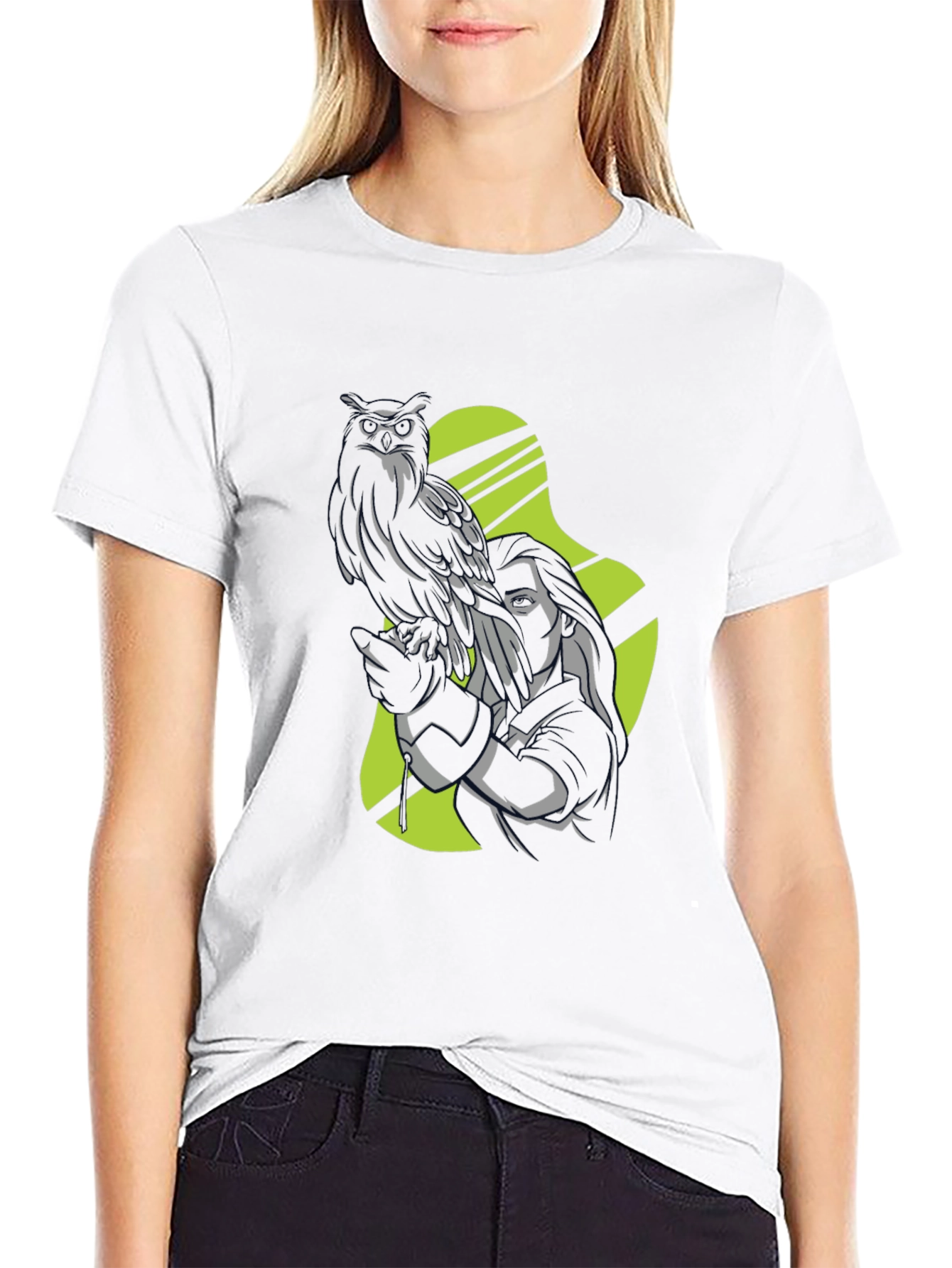 Owl and Woman Graphic Black T-Shirt
