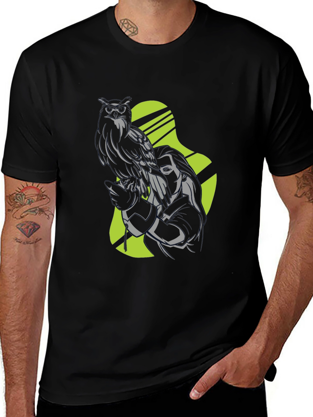 Owl and Woman Graphic Black T-Shirt