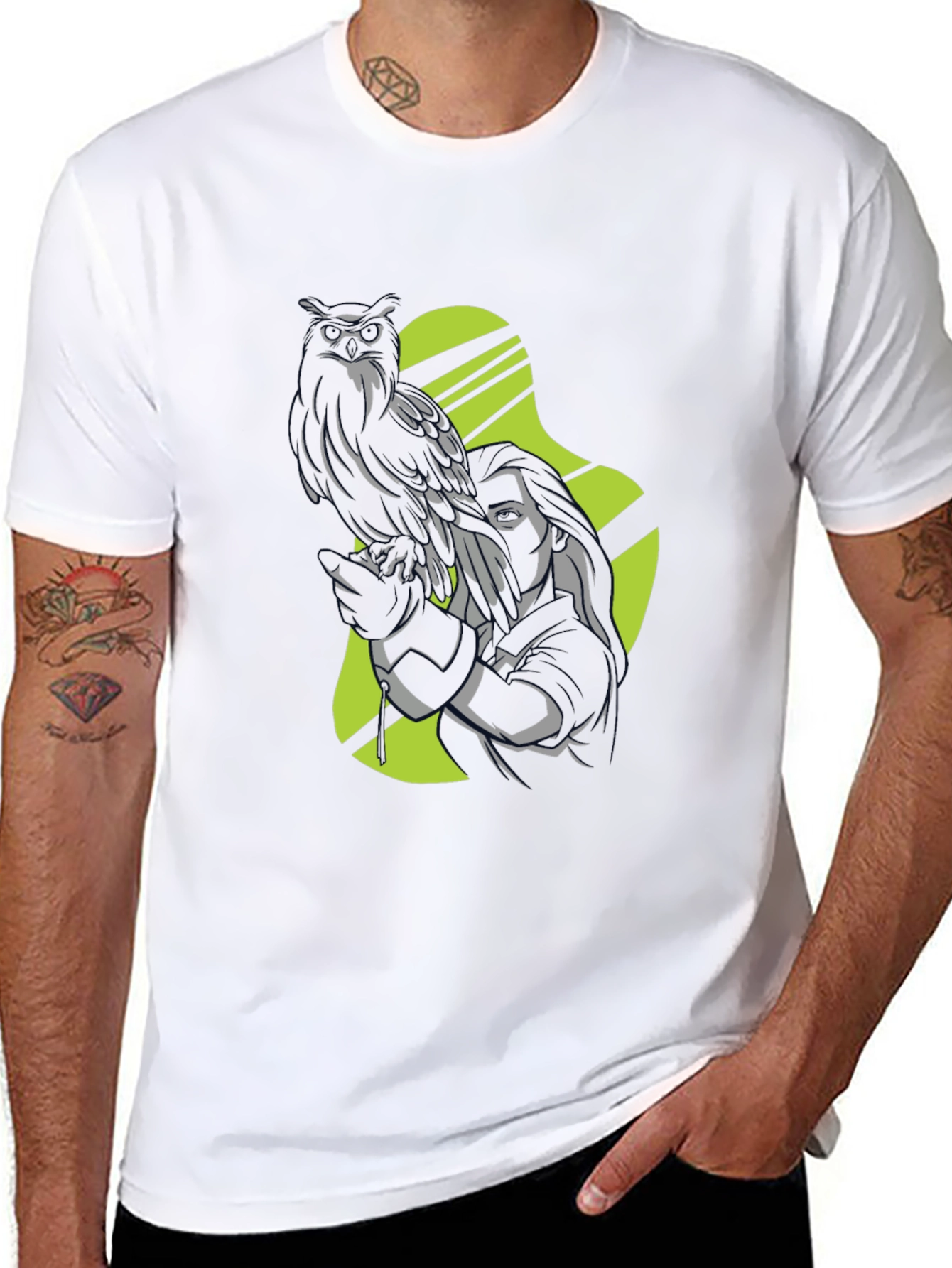 Owl and Woman Graphic Black T-Shirt