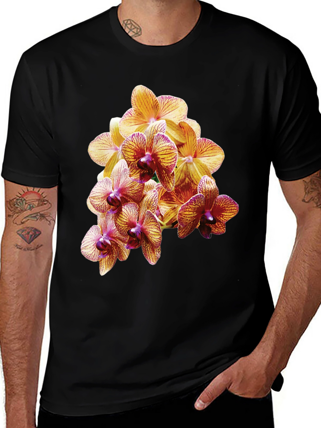 Orchid Flower Print Black T-Shirt