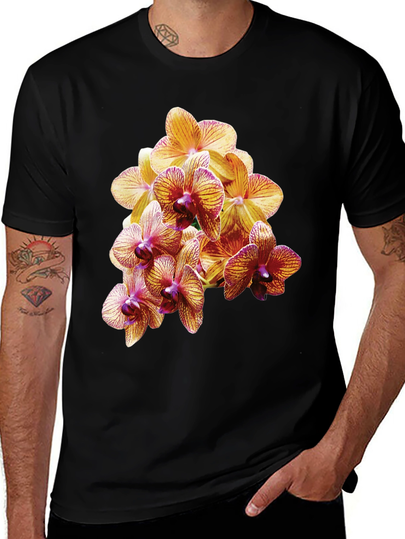 Orchid Flower Print Black T-Shirt