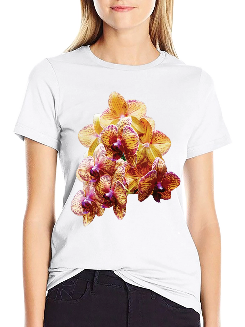 Orchid Flower Print Black T-Shirt