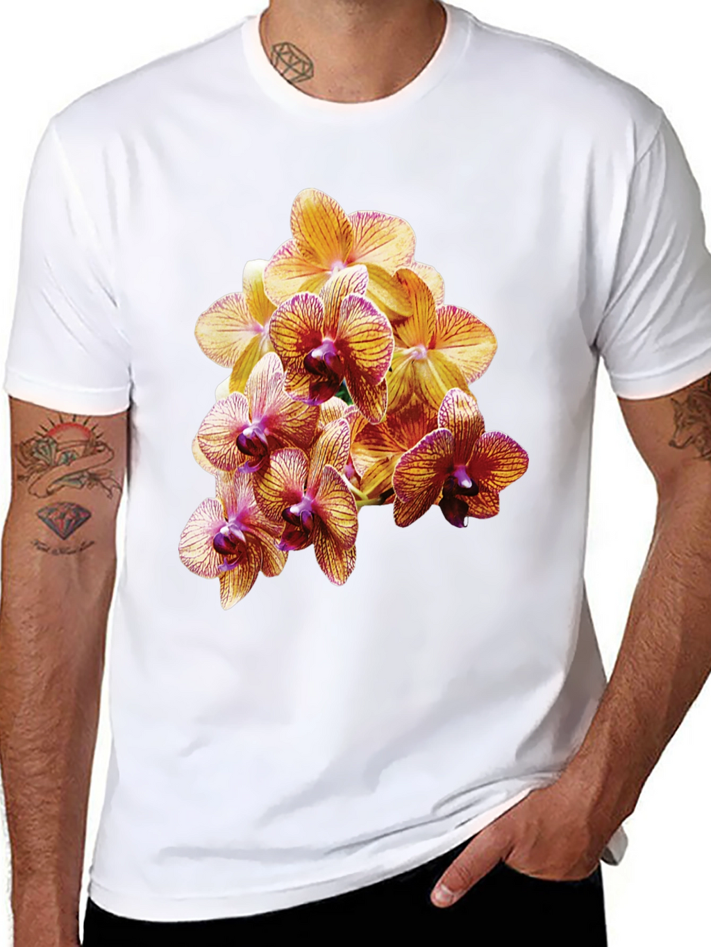 Orchid Flower Print Black T-Shirt