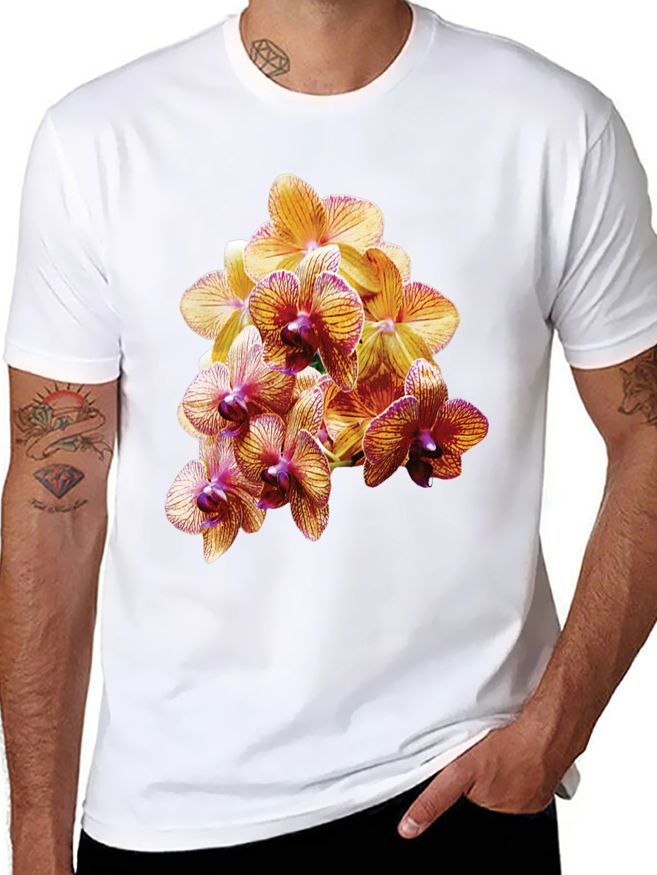 Orchid Flower Print Black T-Shirt