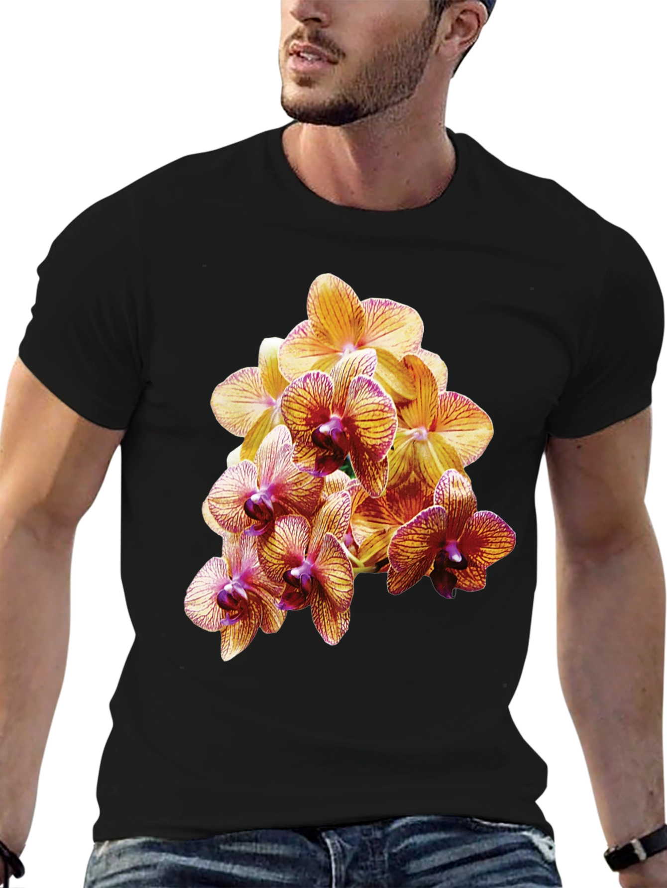 Orchid Flower Print Black T-Shirt