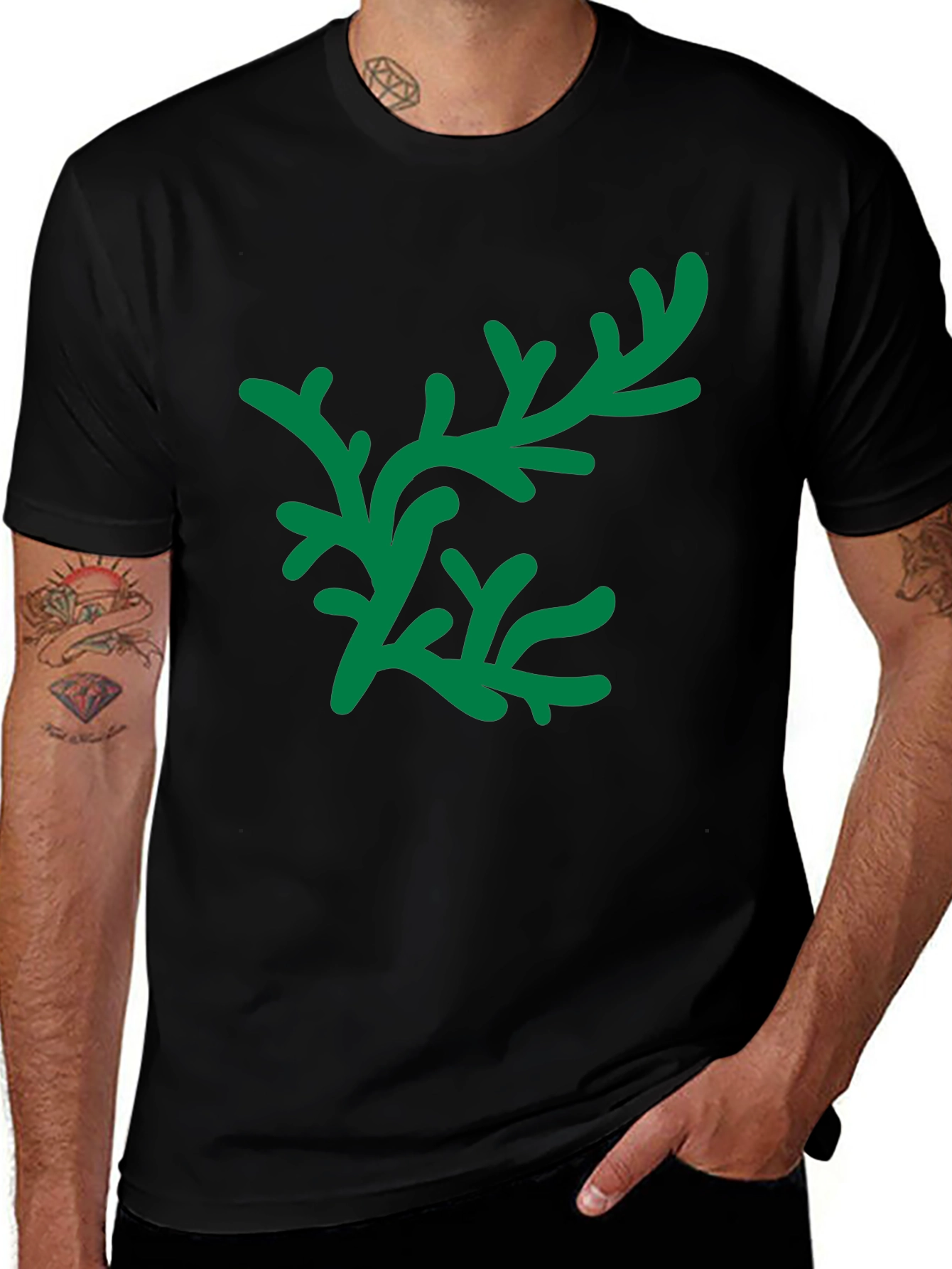 Green Floral Graphic Black T-Shirt