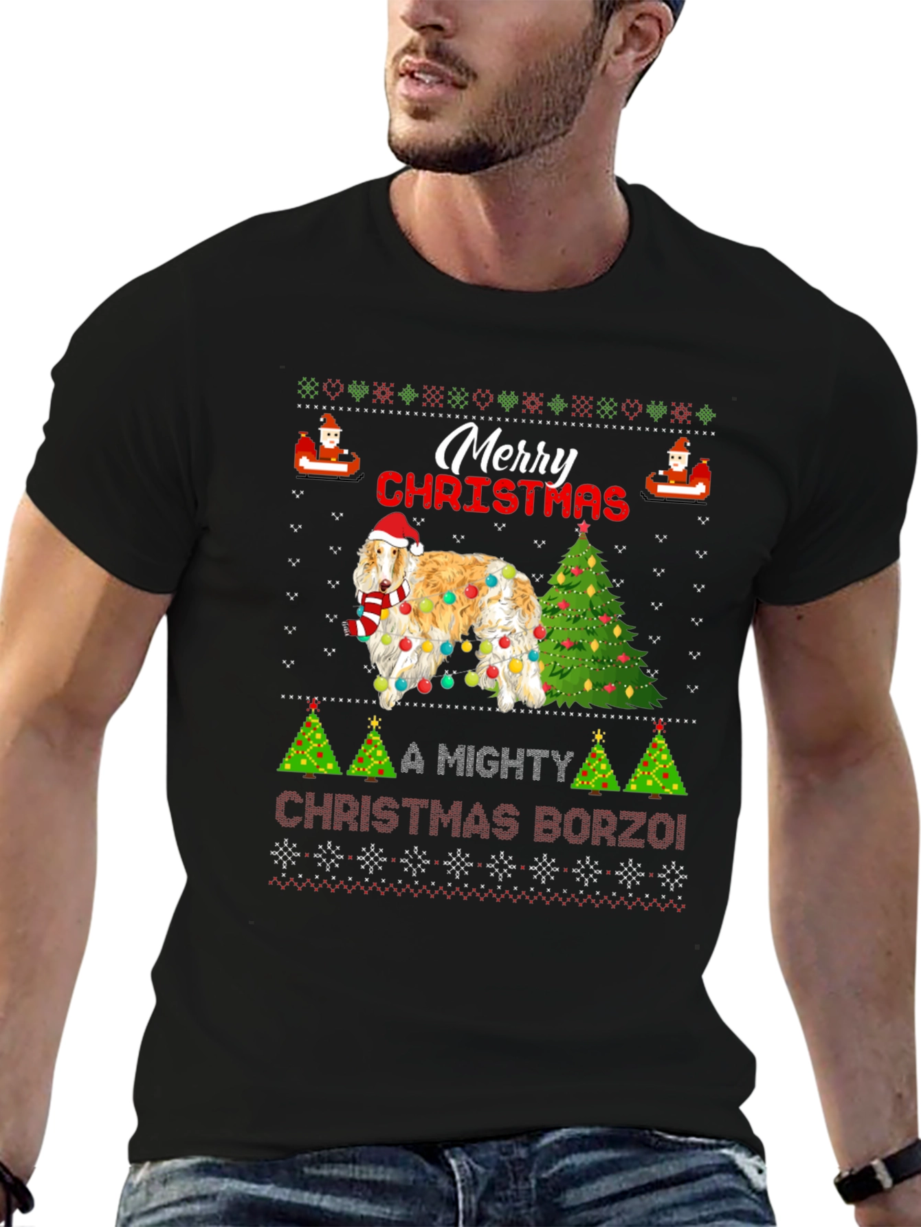 Merry Christmas Borzoi Dog Ugly Christmas T-Shirt