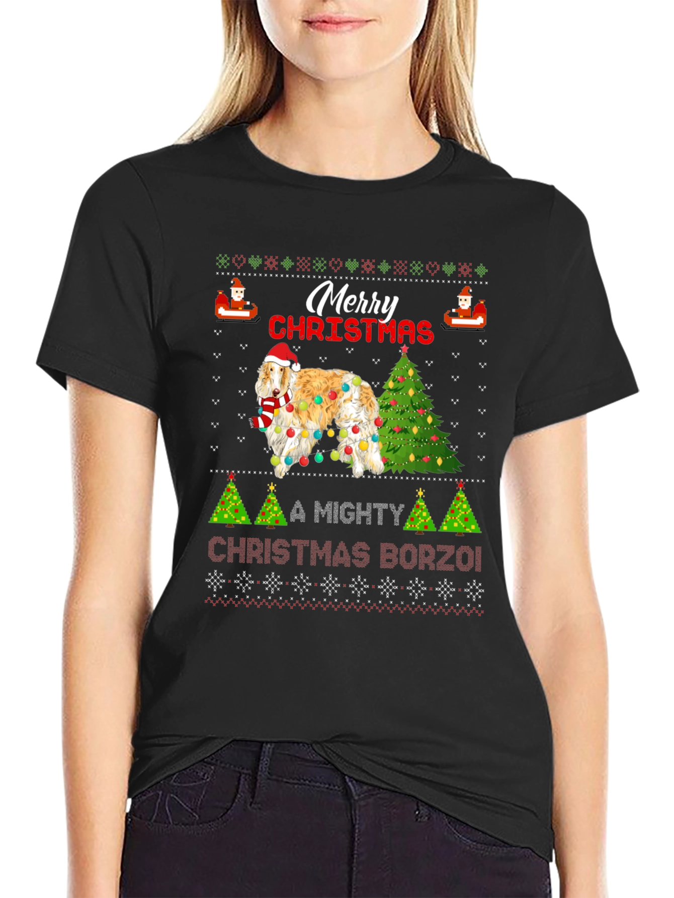 Merry Christmas Borzoi Dog Ugly Christmas T-Shirt