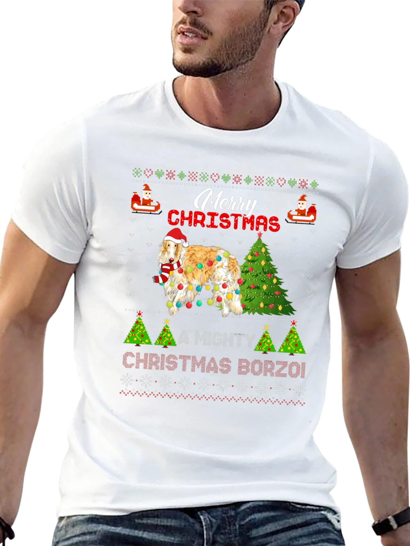 Merry Christmas Borzoi Dog Ugly Christmas T-Shirt