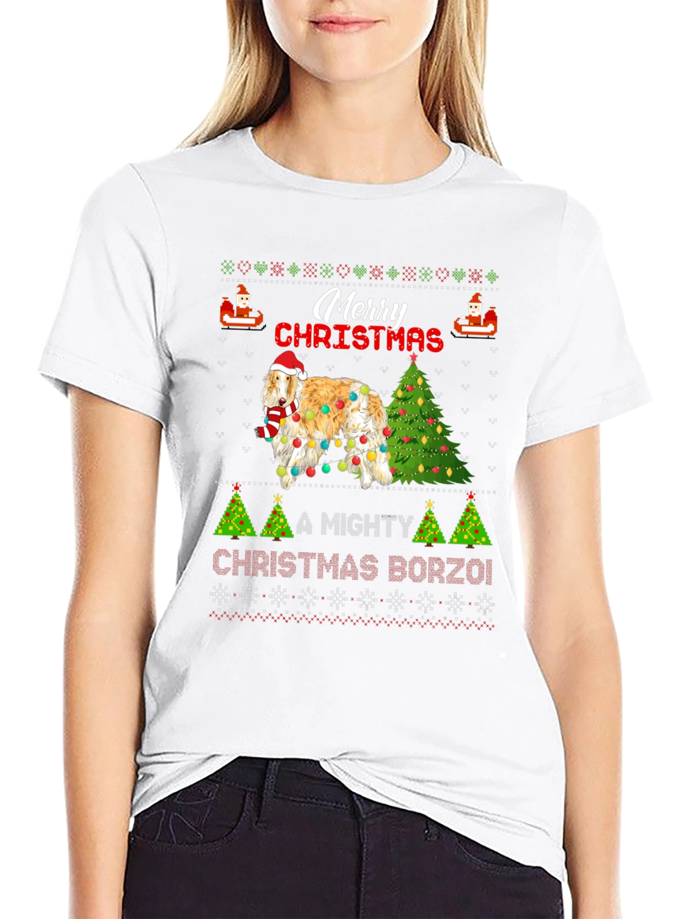 Merry Christmas Borzoi Dog Ugly Christmas T-Shirt
