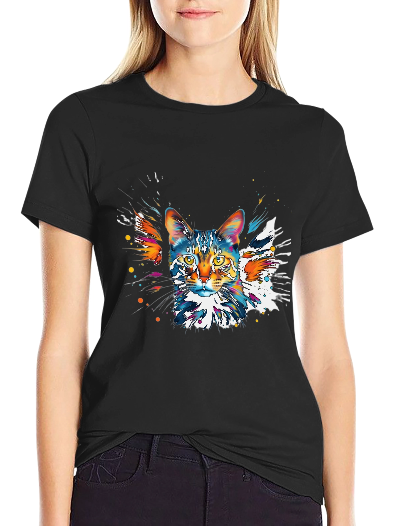 Colorful Cat Graphic Black T-Shirt