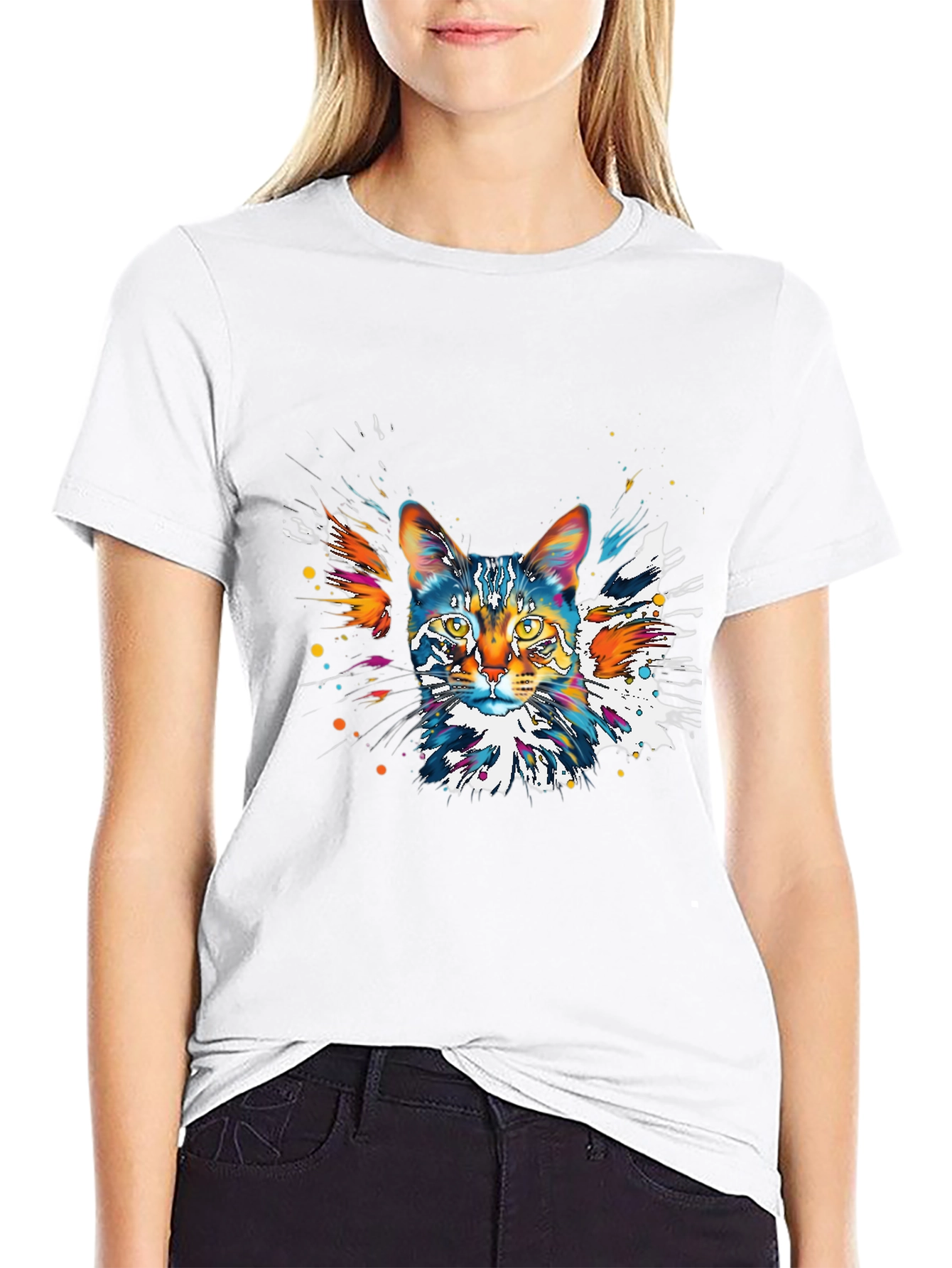Colorful Cat Graphic Black T-Shirt