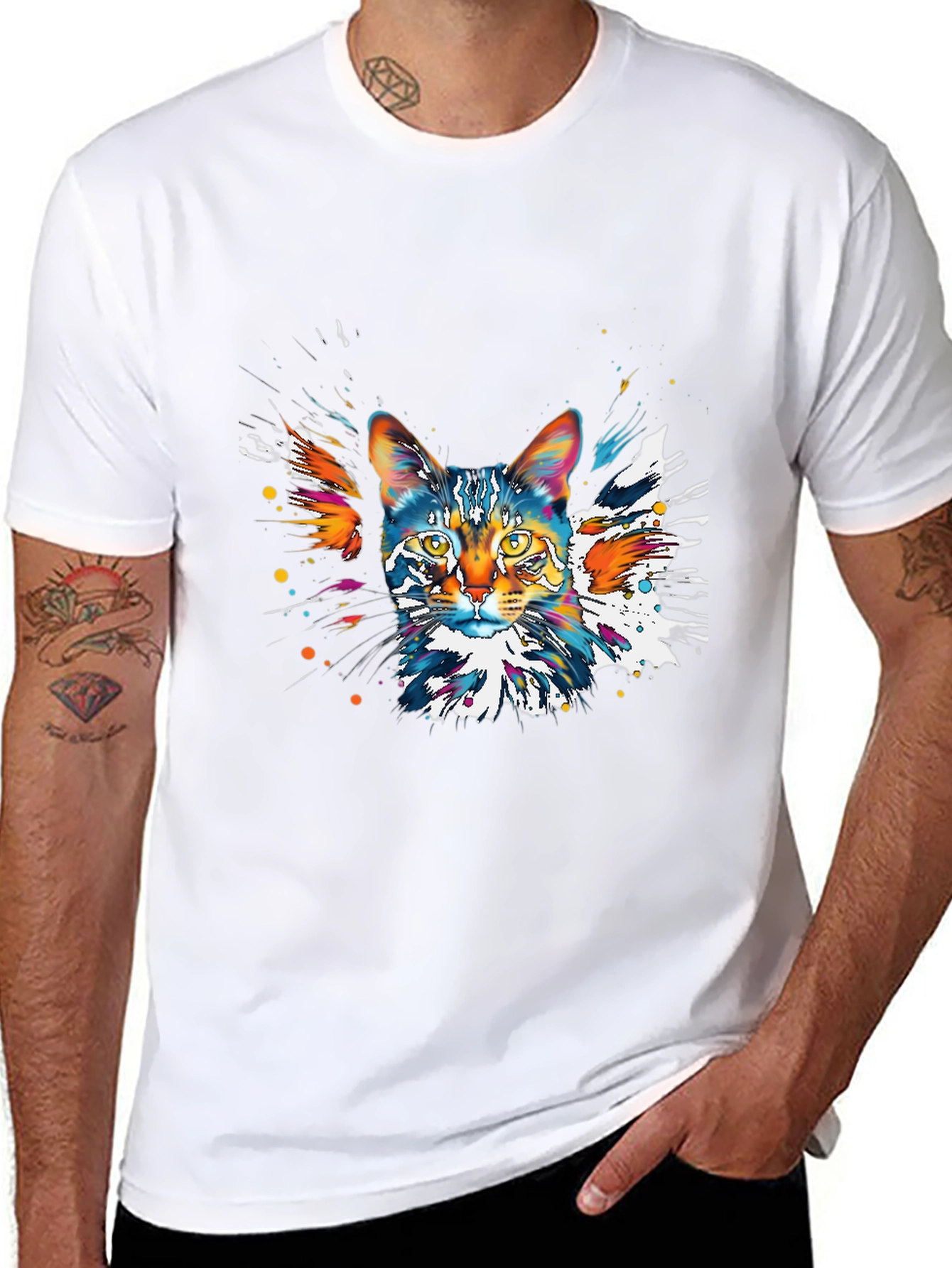 Colorful Cat Graphic Black T-Shirt