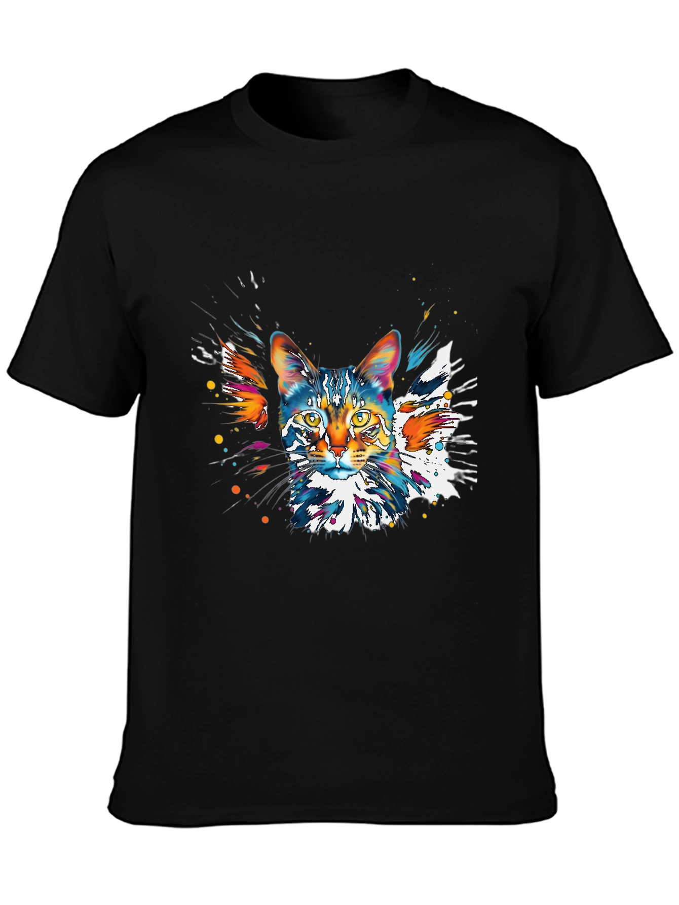 Colorful Cat Graphic Black T-Shirt