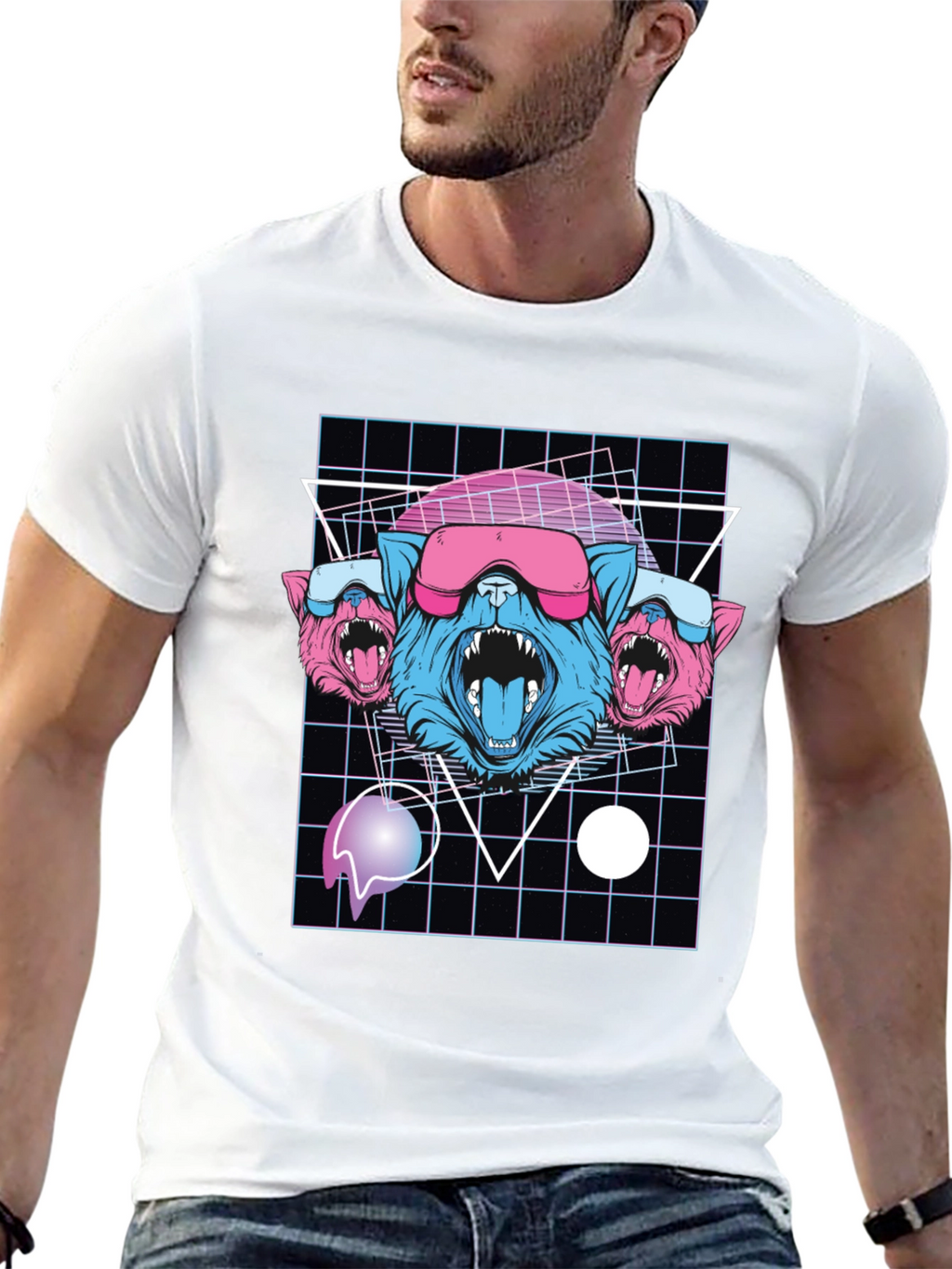 Retro Cyberpunk Three-Headed Wolf Graphic Tee