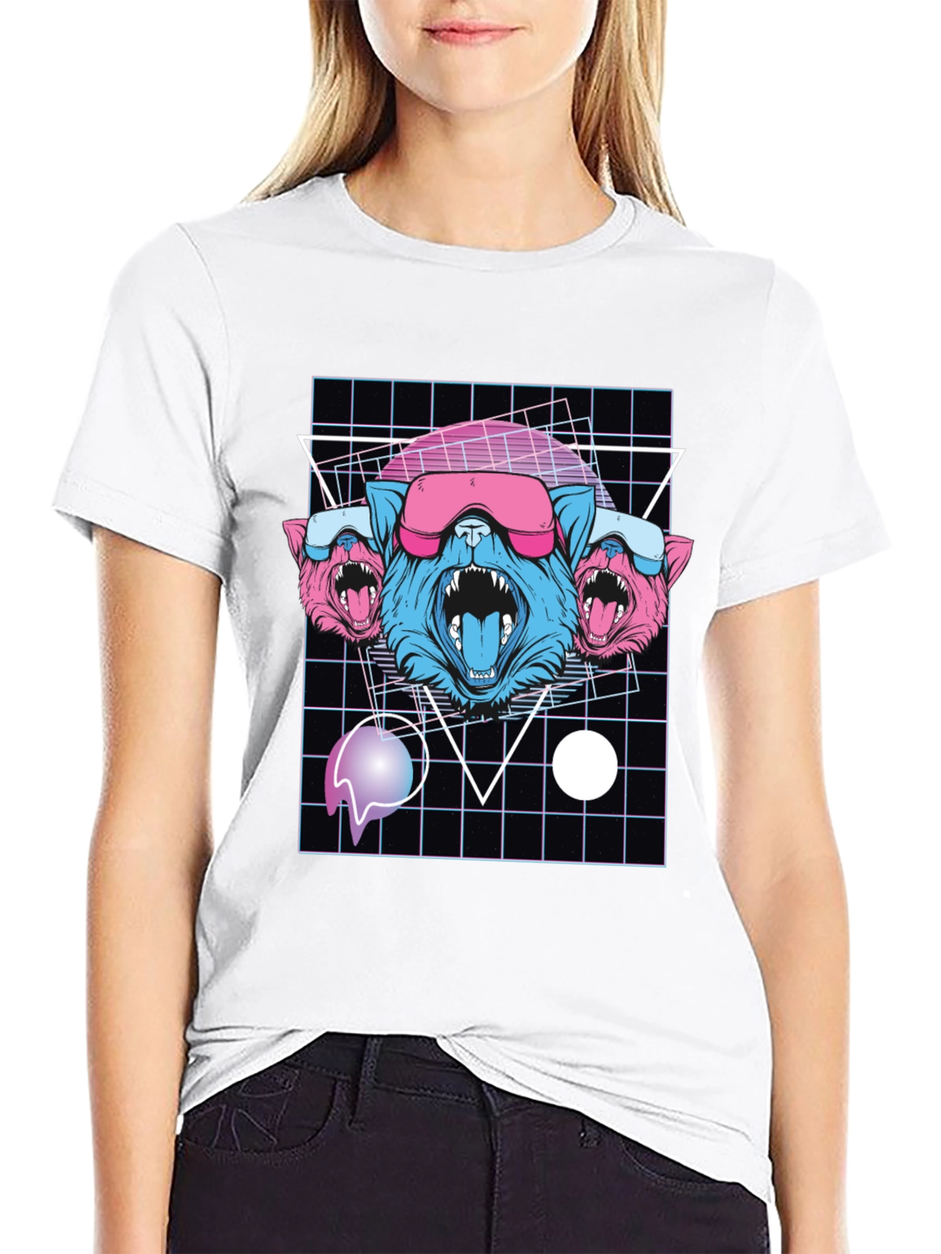 Retro Cyberpunk Three-Headed Wolf Graphic Tee